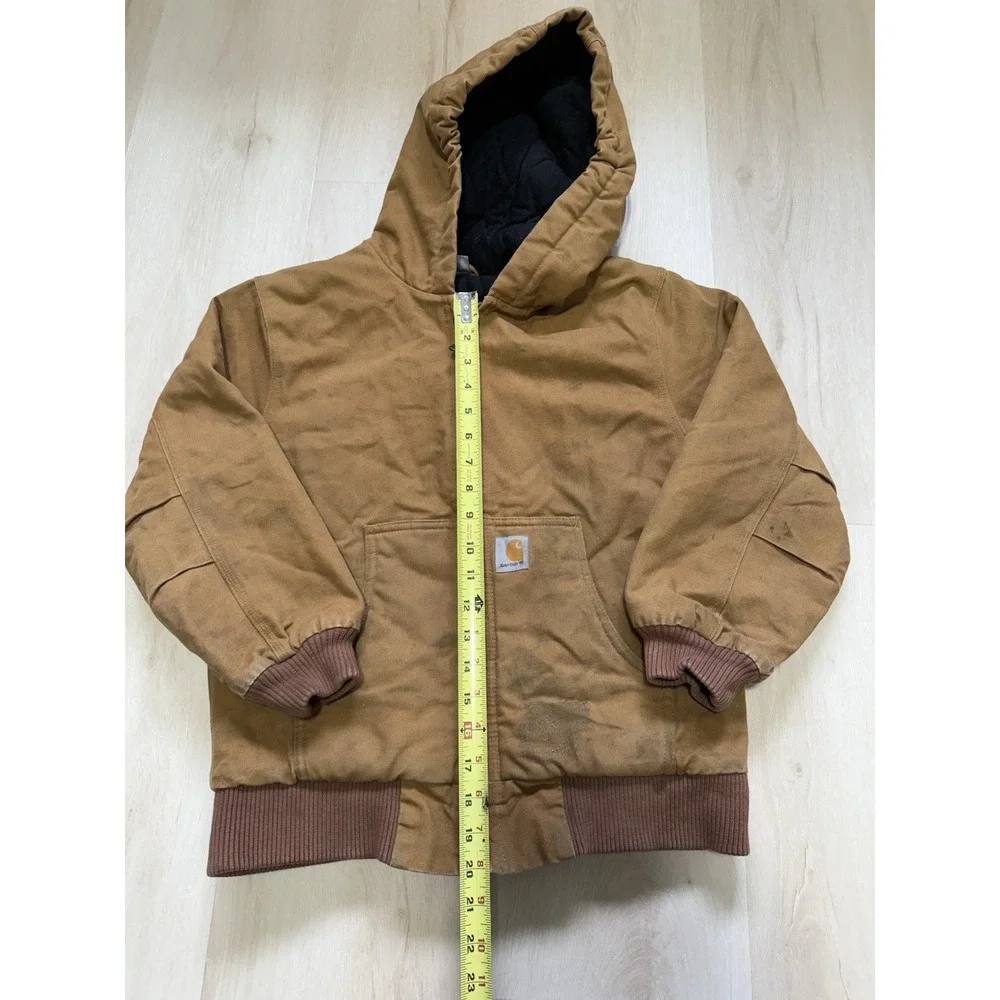 Carhartt Kids Active Jacket Brown Cotton Duck Quilted Lined Hooded M 10-12 Coat